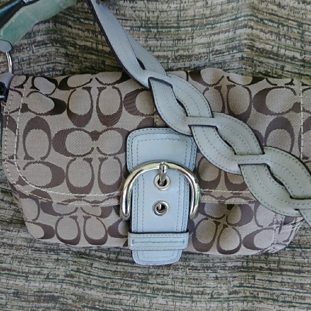 Small Coach Bag Blue brown Beige with blue strap